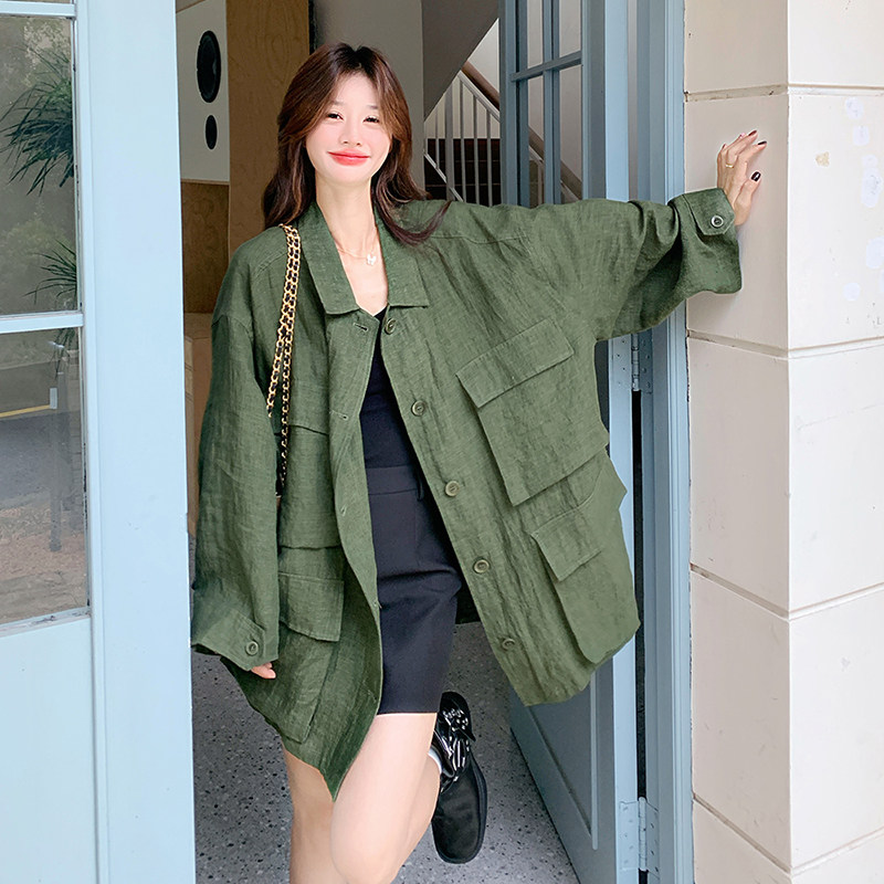高级小众韩系慵懒chic绿色衬衫外套女春秋2025年超火好看夹克上衣,女装短外套,2C139