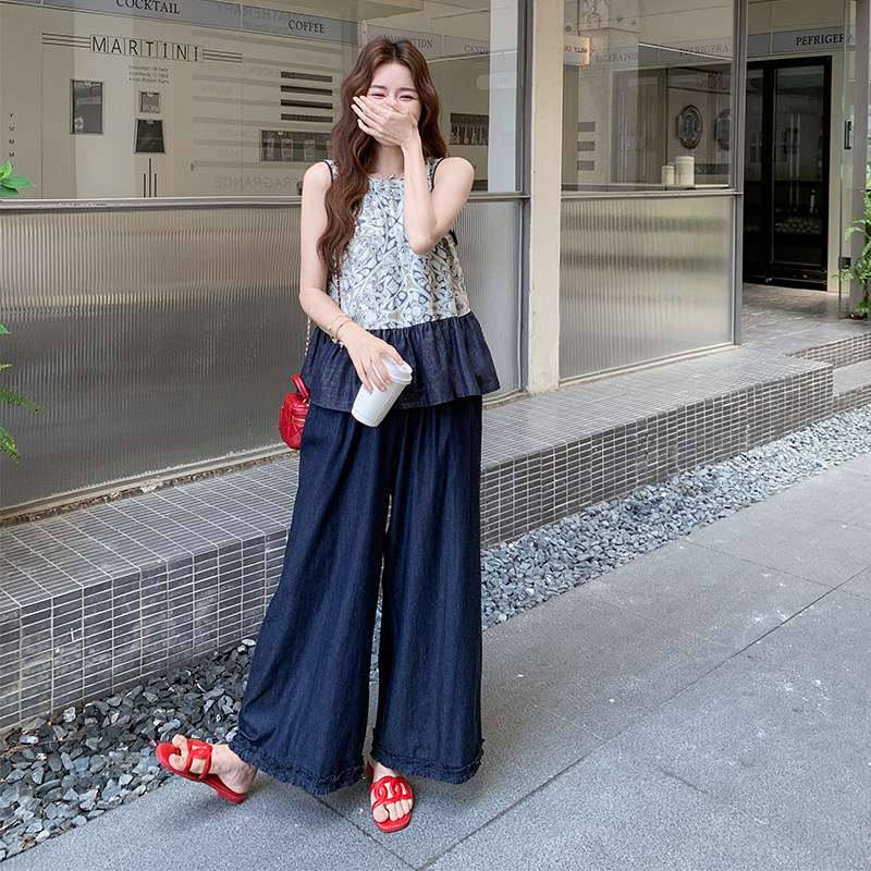 新品现货~时尚无袖印花背心牛仔裤套装女590-P155-K228,女装套装/套裙,2C126