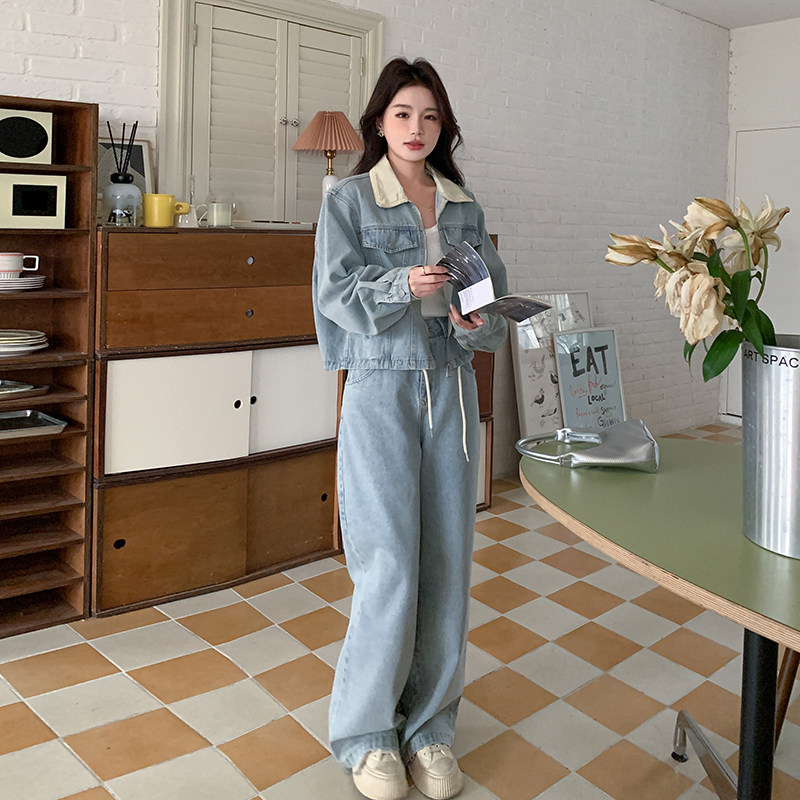 洋气牛仔时尚套装女2024春季新款水洗做旧外套阔腿牛仔裤两件套潮,女装套装/套裙,2C133