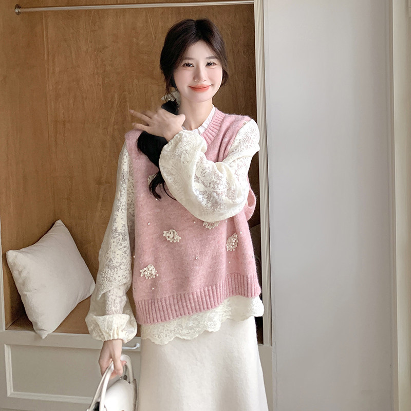 韩系甜美套装女2026春新款粉色钩花针织马甲蕾丝打底衫两件套,女装套装/套裙,2C166