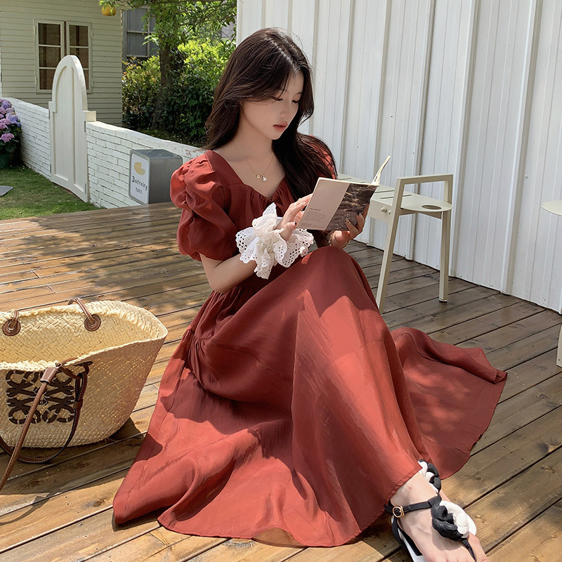 现货法式酒红色泡泡袖夏新款连衣裙2C087-830-P125-K178,女装连衣裙,2C087