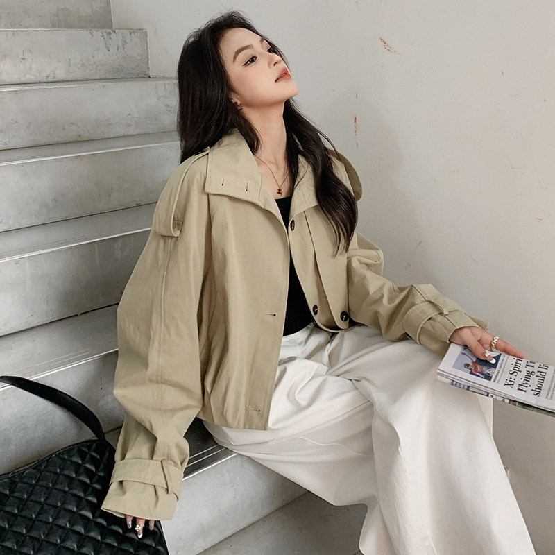 韩系chic卡其色短款风衣外套女春秋2025新款日常通勤穿搭夹克上衣,女装短外套,2C112