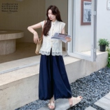 新中式国风套装女2025夏新款气质清冷感蕾丝刺绣上衣阔腿裤两件套，女装套装/套裙，2C323