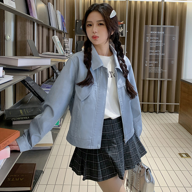 浅蓝色复古翻领PU皮衣外套女2025春秋季新款韩版减龄休闲夹克上衣,女装皮衣,2C233