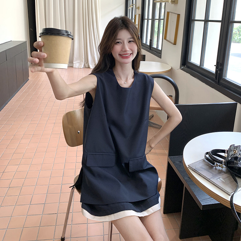 藏青色韩系休闲气质两件套女2025夏新款时尚无袖上衣显瘦短裙套装,女装套装/套裙,2C166