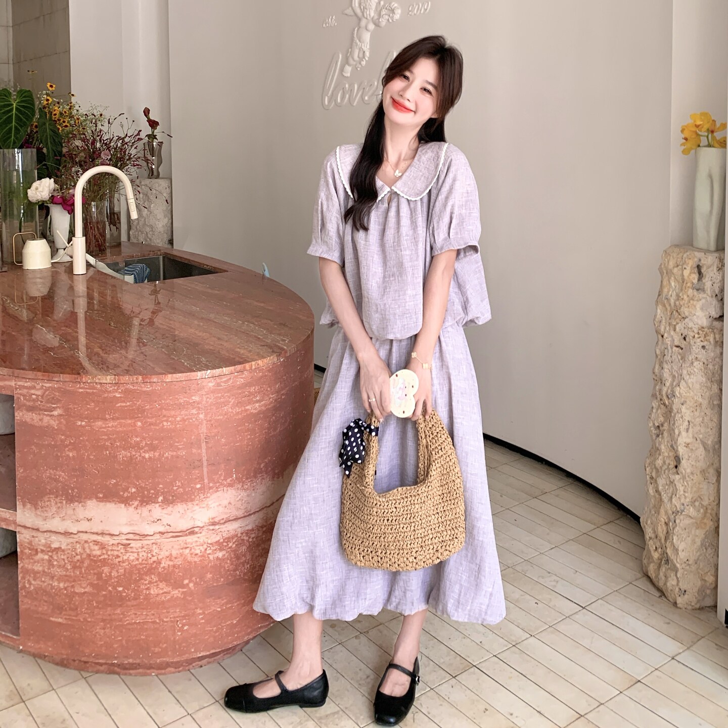 浅紫色法式温柔风巨好看套装裙女2025年夏季新款花苞半身裙两件套,女装套装/套裙,2C012