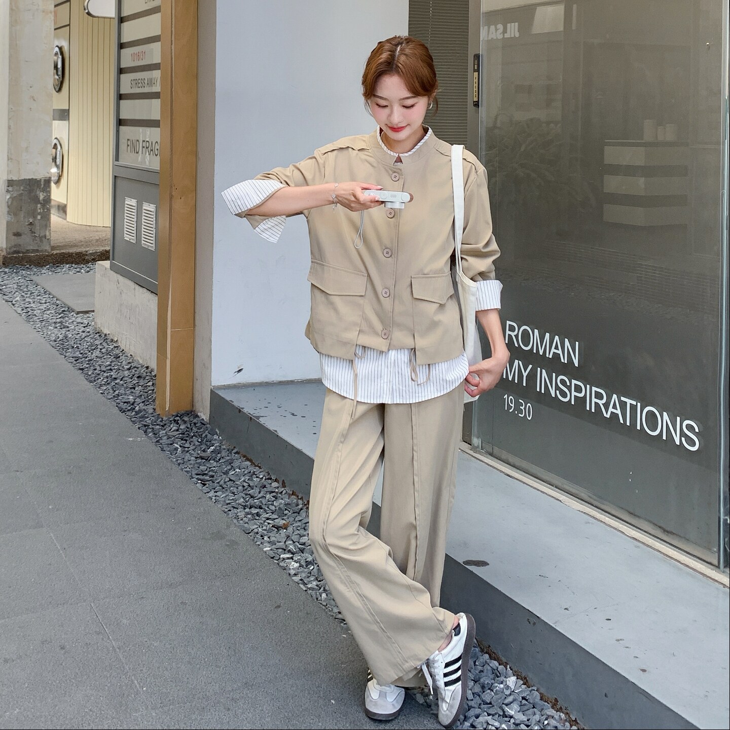大货卡其色假两件上衣+阔腿裤两件套2C206-L599-P185-K268,女装套装/套裙,2C206