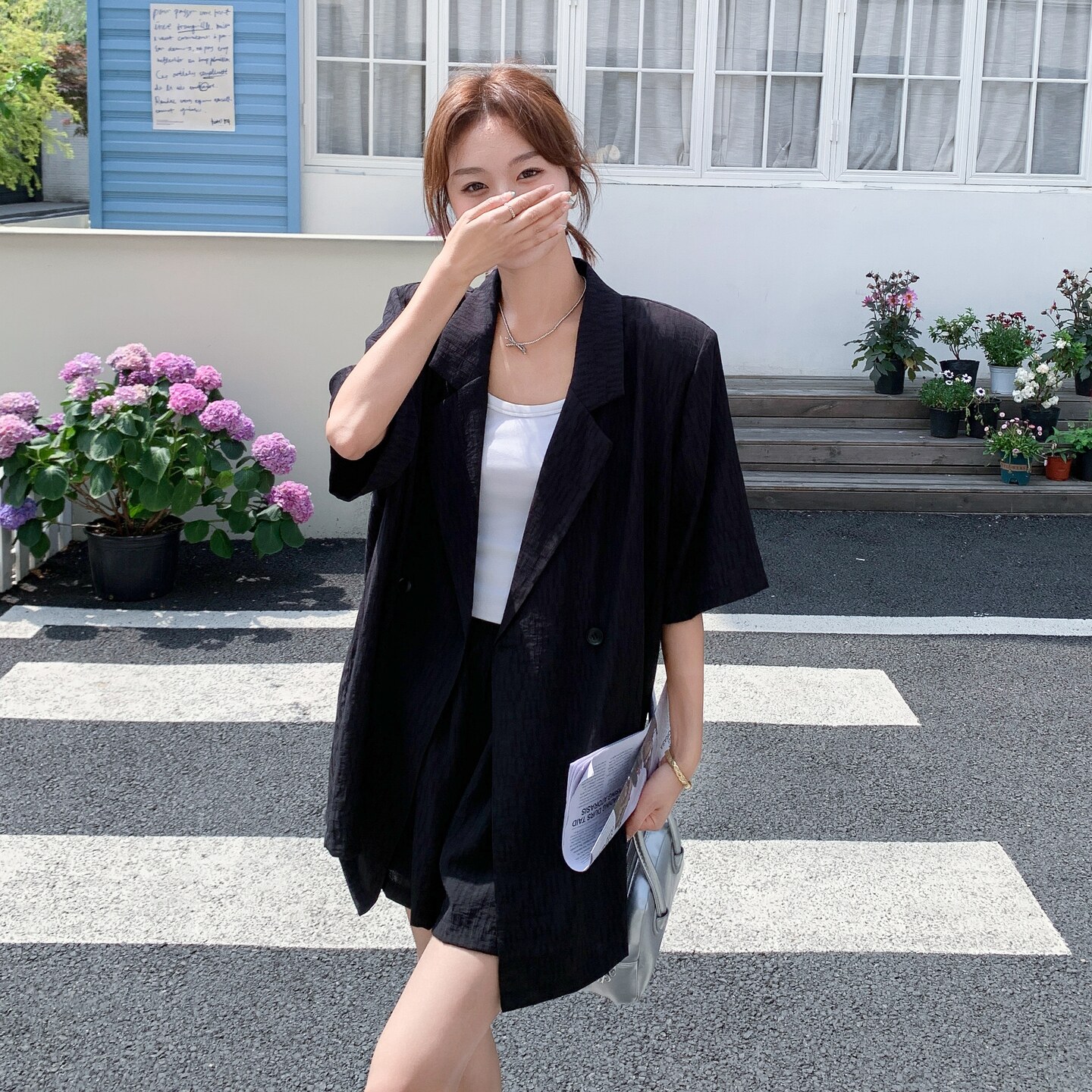 黑色气质轻熟风西装短袖套装女2025夏季新款韩版冷淡系短裤两件套,女装套装/套裙,2C259