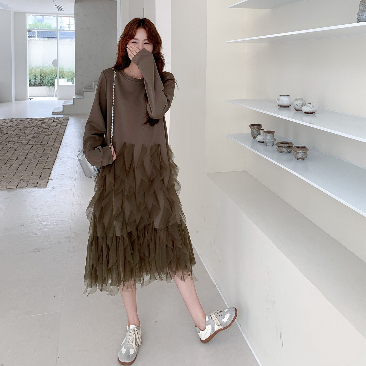 大货卡其绿长袖网纱连衣裙女2026新款秋2C206-L588-P145-K198,女装连衣裙,2C206