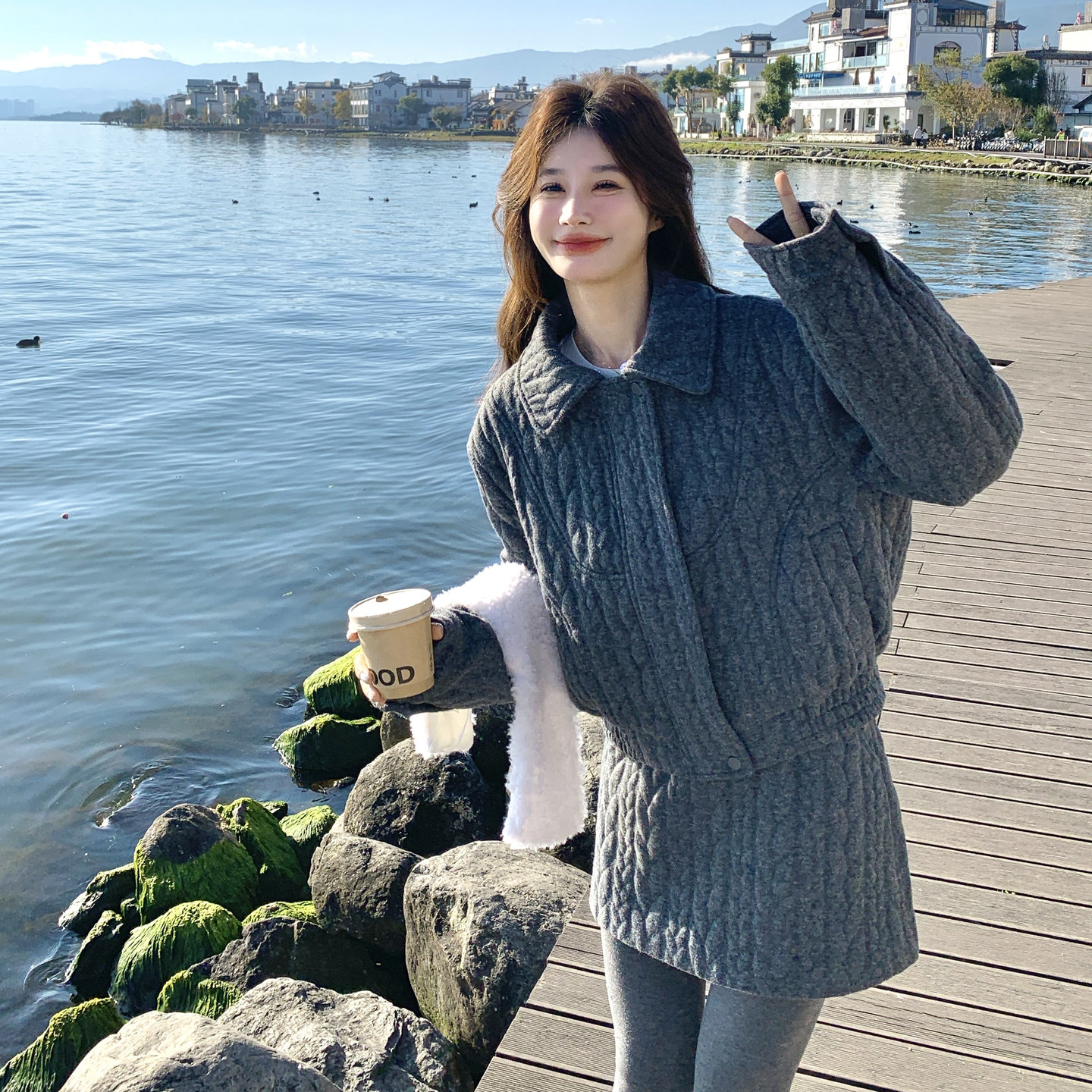 慵懒风毛绒翻领针织套装女秋冬毛衣外套高腰短裙两件套设计感套装,女装套装/套裙,2C166