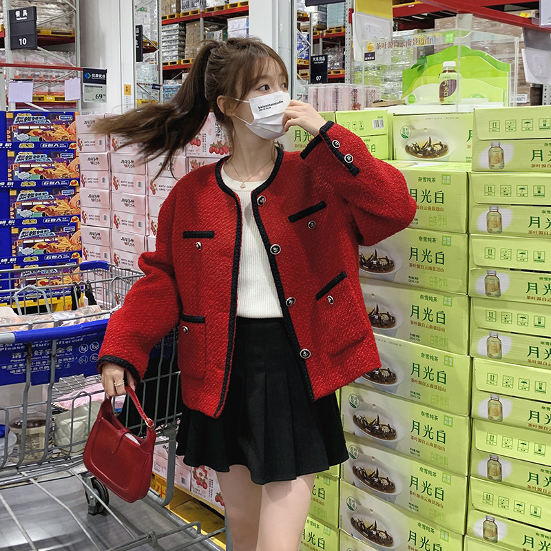 红色圆领小香风短外套女2024秋季新款法式小个子设计感粗花呢上衣,女装短外套,2C088