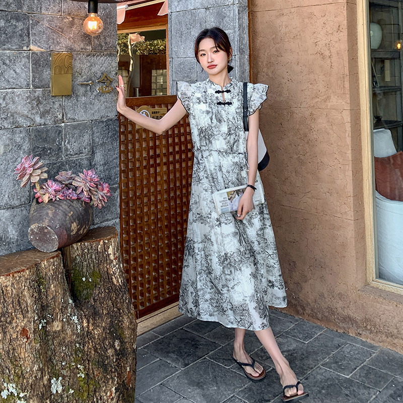 新品新中式水墨画盘扣连衣裙A801P115K168,女装连衣裙,2C269