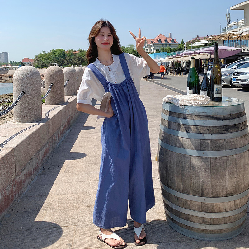 蓝色学院风减龄连体裤套装女2025夏新款韩版显瘦阔腿裤上衣两件套,女装套装/套裙,2C166