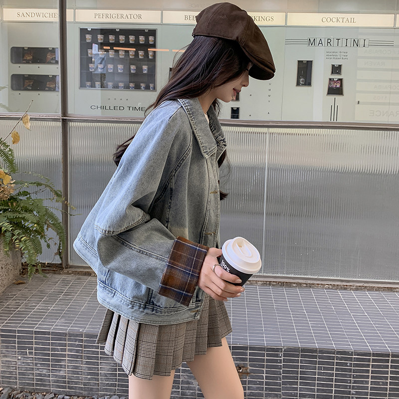 蓝色高级感格纹拼接牛仔外套女2025年秋季新款小个子翻领休闲夹克,女装短外套,2C215