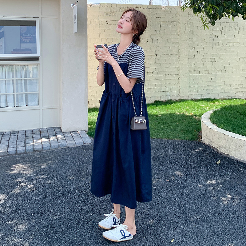 条纹拼接假两件连衣裙女2025夏季新款韩版减龄时尚高级感气质裙子,女装连衣裙,2D043