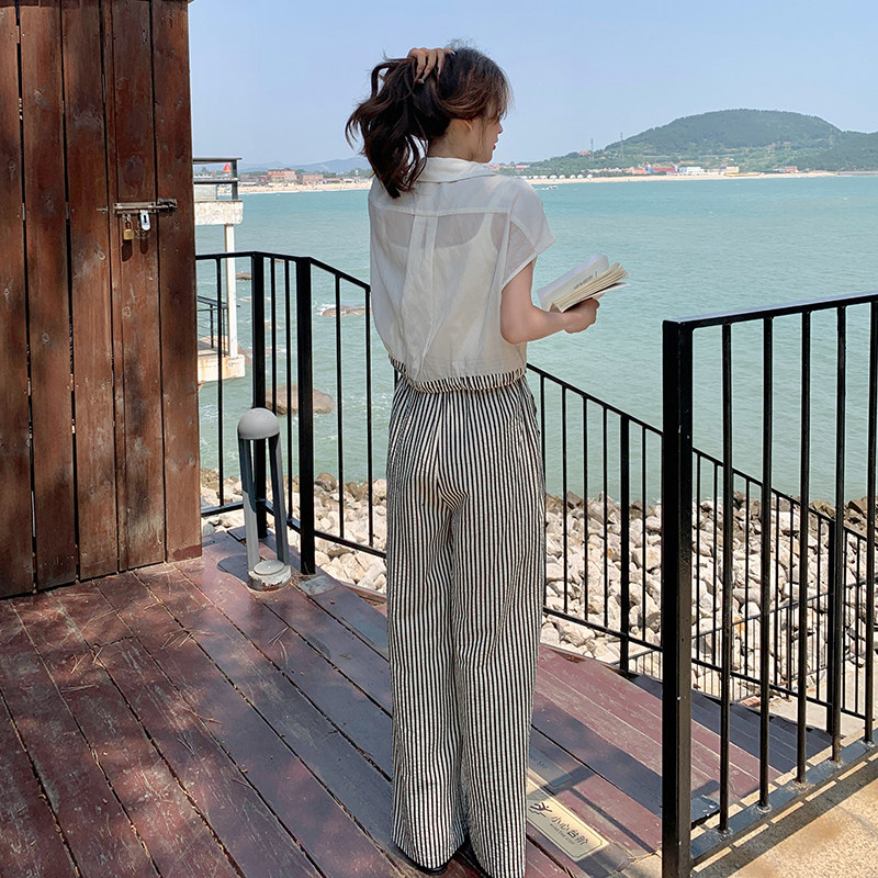 现货：夏装新款薄款衬衫＋条纹阔腿裤两件套装2C135-5091P110K168,女装套装/套裙,2C135