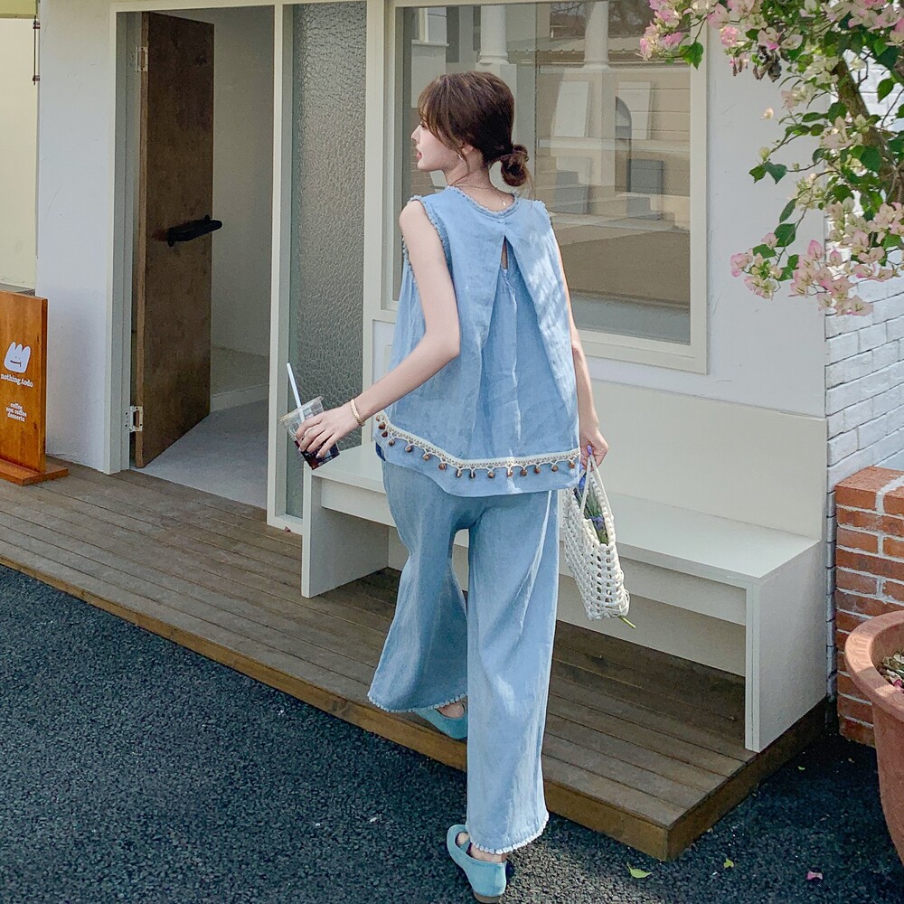 蓝色休闲松弛感套装女2025夏季新款气质时尚亮片背心阔腿裤两件套,女装套装/套裙,2C166