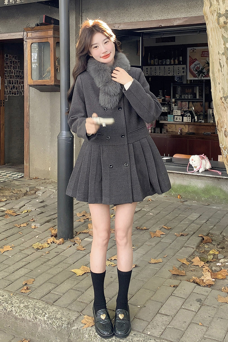 小香风灰色羽绒服毛呢外套女秋冬呢大衣小个子百褶西装式连衣裙,女装羽绒服,2C159