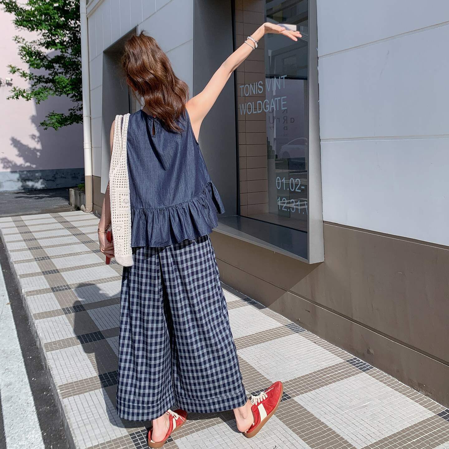 深蓝色荷叶边拼接无袖背心套装女2025年夏季新款格纹阔腿裤两件套,女装套装/套裙,2C098