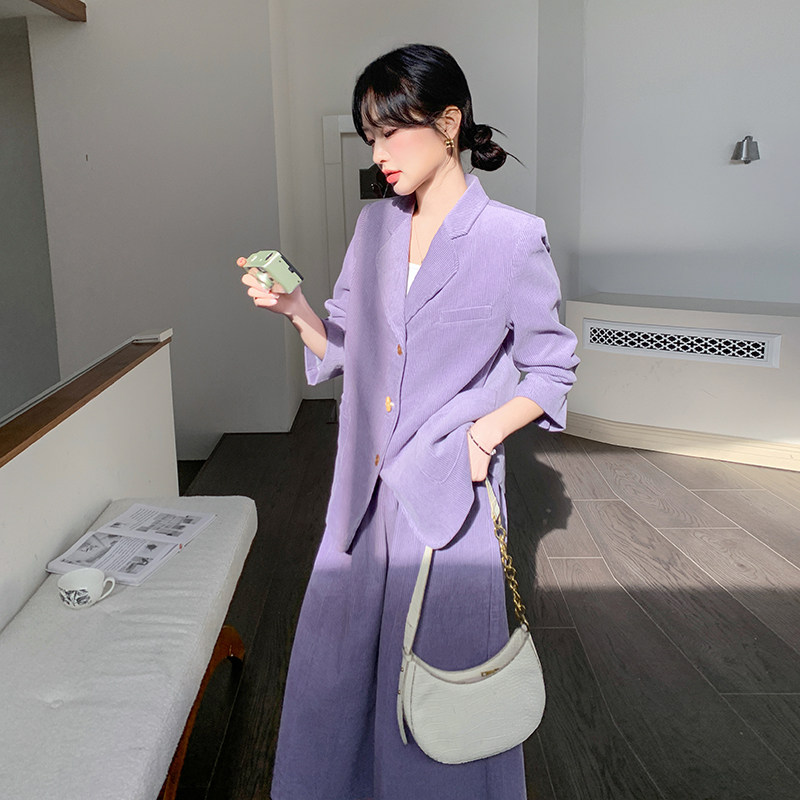 紫色灯芯绒西装套装女2025春季新款高级感超好看气质半身裙两件套图片