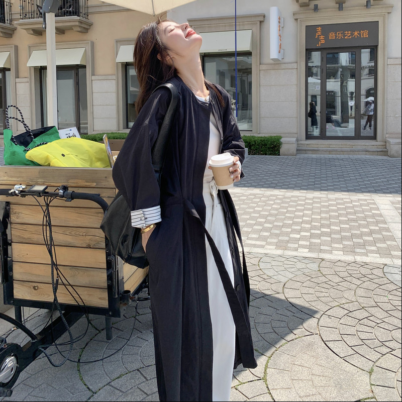 高级感撞色拼接黑色长款风衣外套女春秋2025新款收腰显瘦大衣流行,女装风衣,2C016