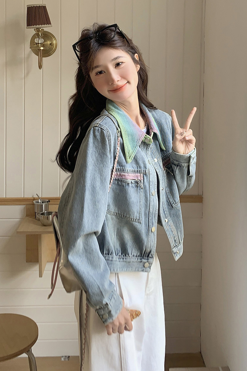 新品复古拼接撞色牛仔小个子短款外套5858-P145-K208,女装短外套,2C159