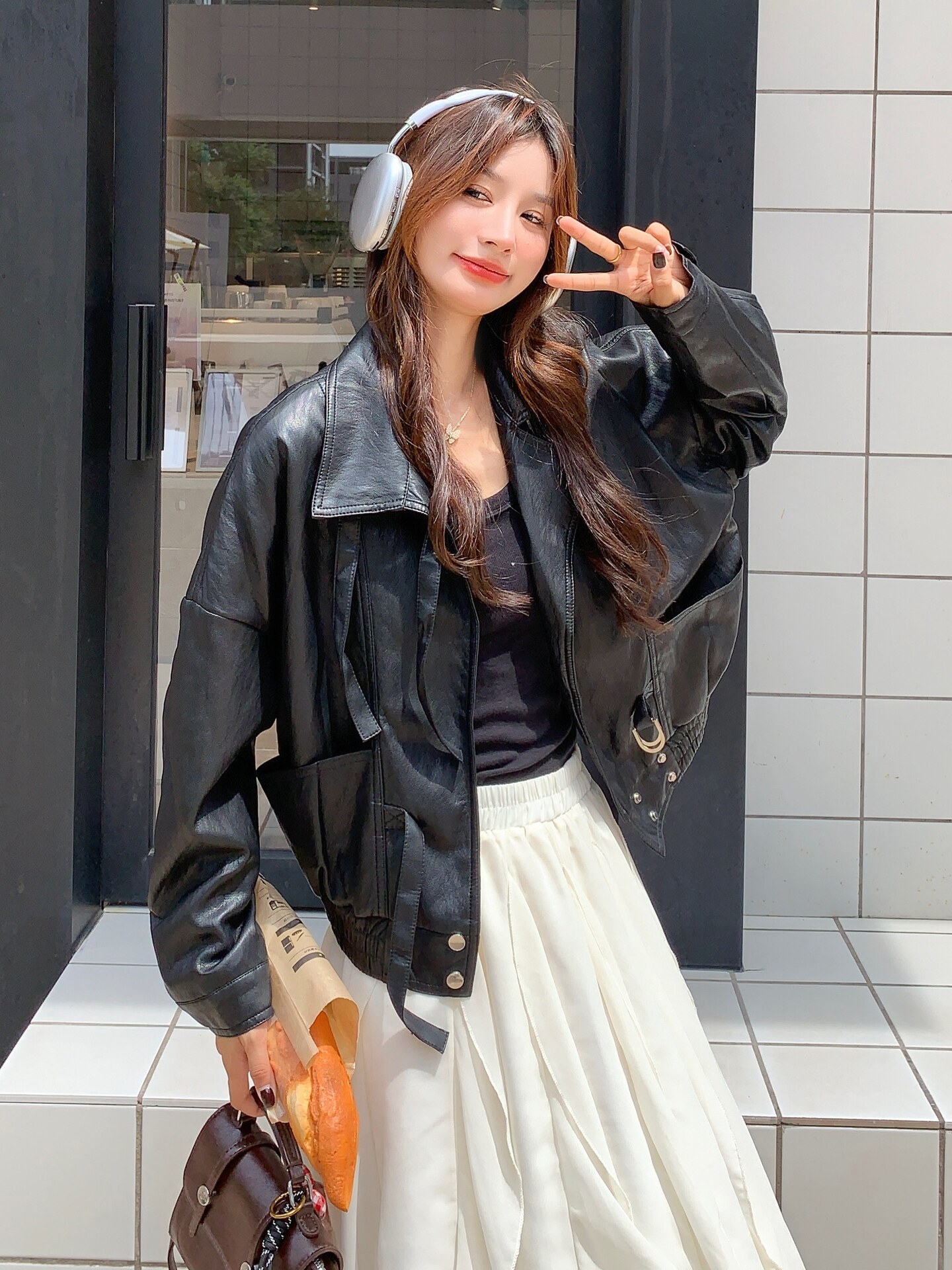 黑色盐系复古PU皮翻领外套女2025秋新款小个子韩版休闲炸街夹克,女装皮衣,2C259