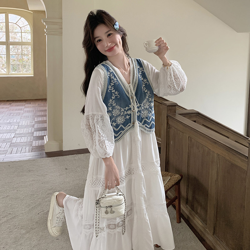 文艺风穿搭白色长袖连衣裙配牛仔马甲女春秋超火好看绝美长裙套装,女装套装/套裙,2D078