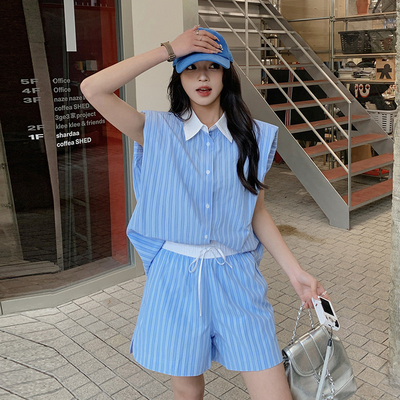 条纹休闲时尚套装女夏季2025新款无袖衬衫上衣高腰短裤减龄两件套,女装套装/套裙,2C112