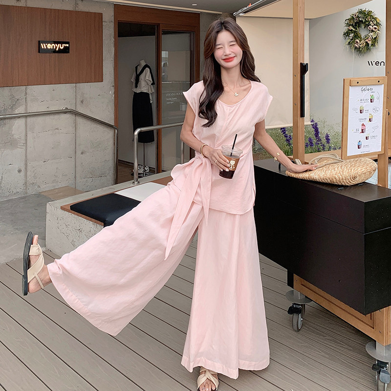 清纯系粉色收腰衬衫阔腿裤套装女夏两件套大方得体流行爆款ootd,女装套装/套裙,2C122