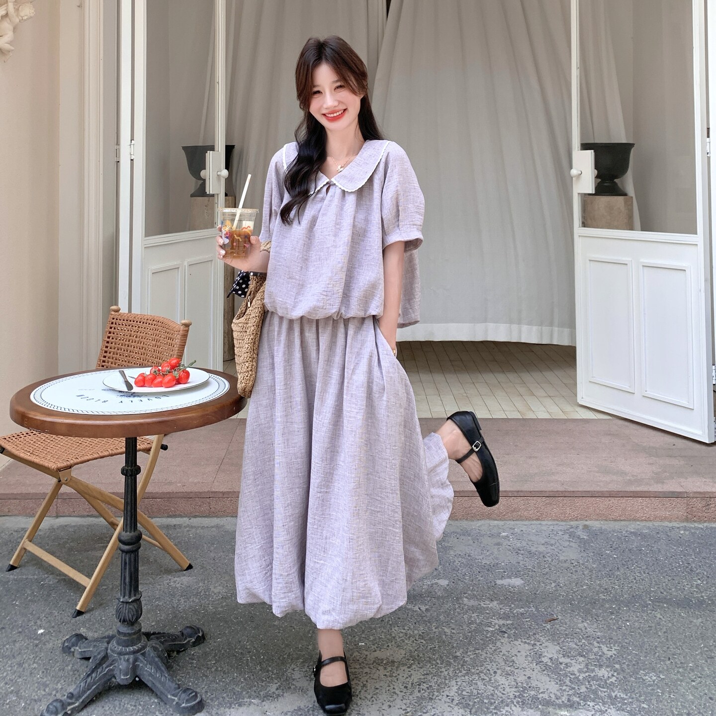 浅紫色法式温柔风巨好看套装裙女2025年夏季新款花苞半身裙两件套,女装套装/套裙,2C012