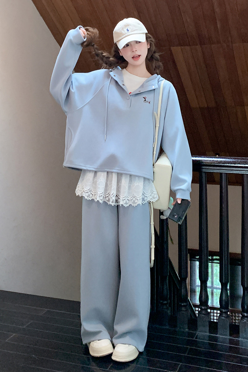 蓝色蕾丝假两件卫衣套装2025新款女秋爆款松弛感休闲阔腿裤两件套,女装套装/套裙,2D044