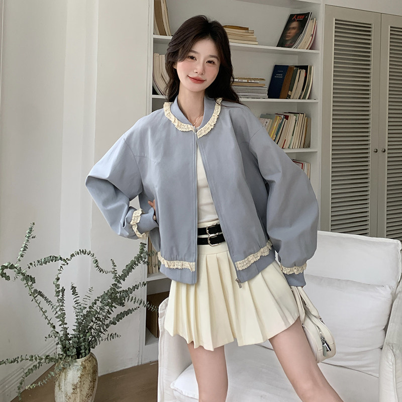 超好看蓝色蕾丝花边拼接短外套女春秋款韩系休闲减龄百搭夹克上衣,女装短外套,2C166