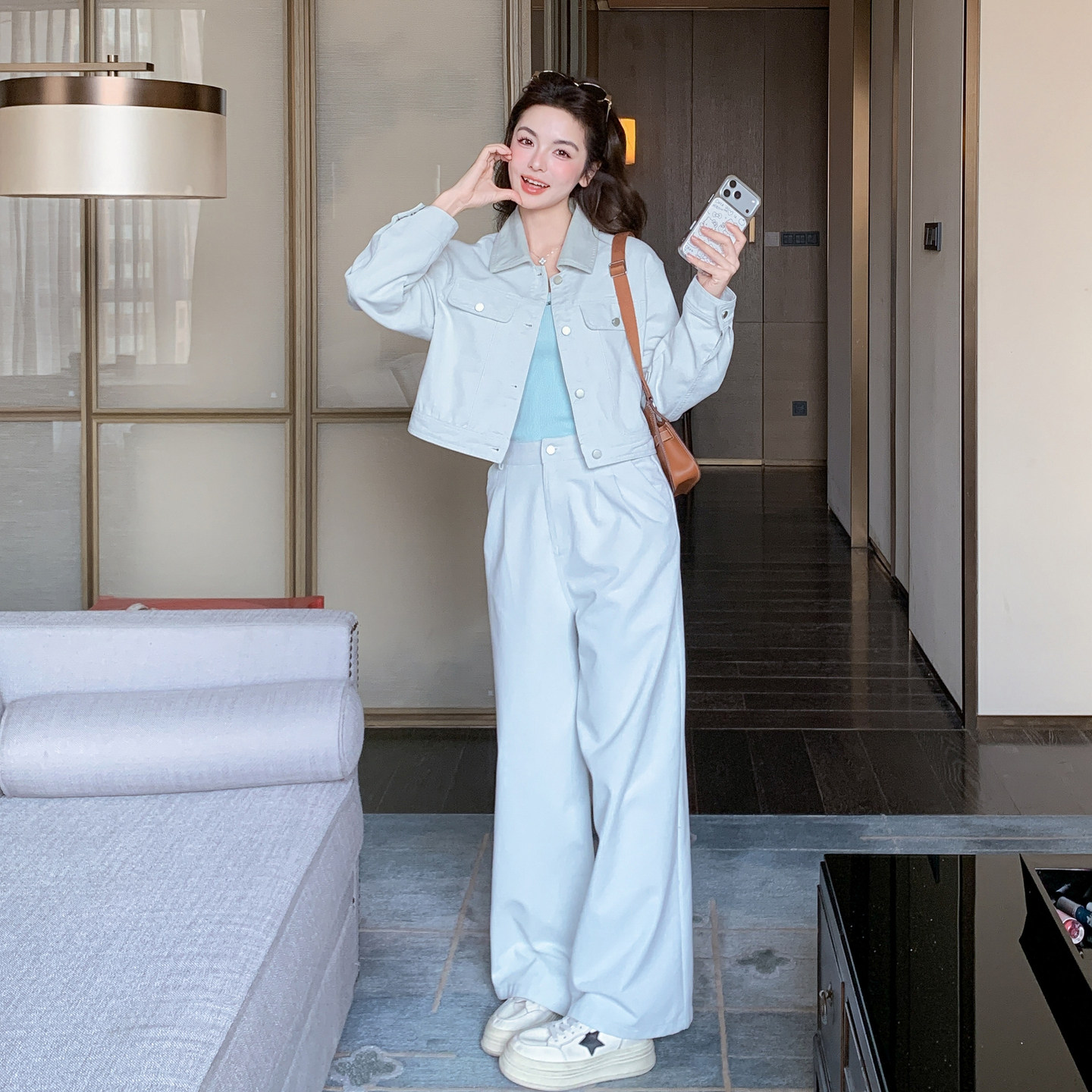 转化高现货2026春季休闲水洗牛仔阔腿裤两件套2608-p185-k298,女装套装/套裙,2B115