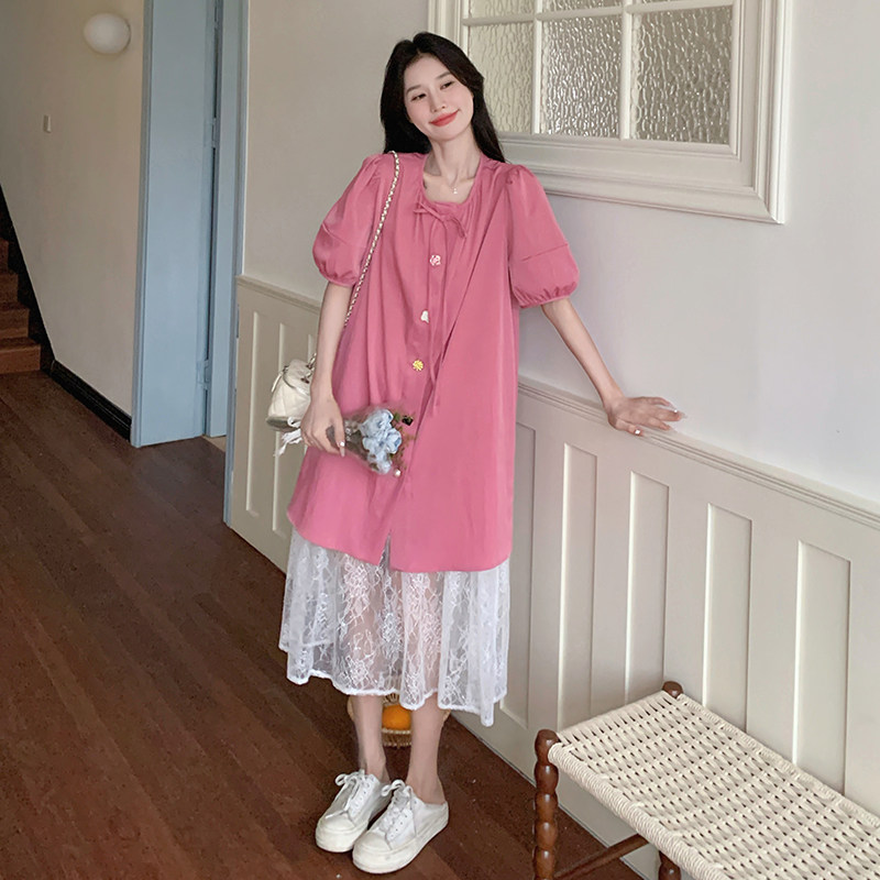 粉色泡泡袖连衣裙套装女夏季2025新款气质甜美减龄蕾丝长裙两件套,女装套装/套裙,2C115