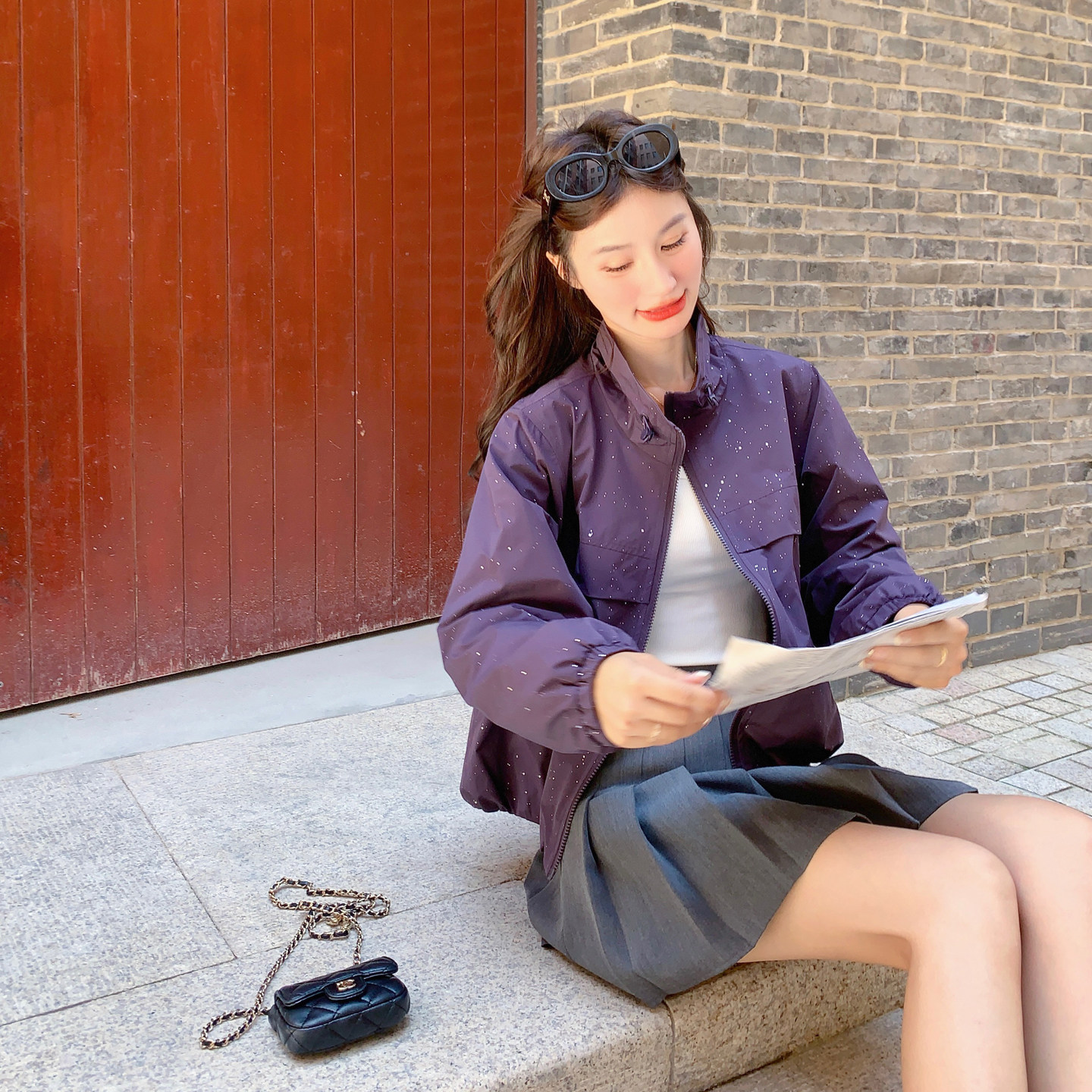 紫色浪漫满天星短外套女2025年秋季新款韩系小个子设计感夹克上衣,女装短外套,2C266