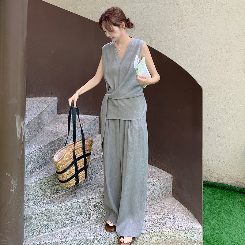 灰色气质高级感系带背心套装女2025夏季新款无袖上衣阔腿裤两件套,女装套装/套裙,2C139
