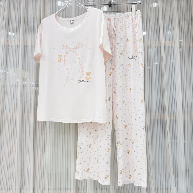 Bailun Shijia Knitted Lyocell Cotton Pajamas for Women, Cool Summer Style, Short Sleeves, Long Pants, Cute Homewear, Can Be Worn Outside Bailun Shijia Knitted Lyocell Cotton Pajamas for Women, Cool Summer Style, Short Sleeves, Long Pants, Cute Homewear, Can Be Worn Outside