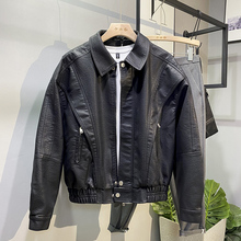 2023 Spring and Autumn New Trendy Men's Handsome Flip Collar American Motorcycle Leather Coat Short Baseball Leather Jacket Vintage Coat