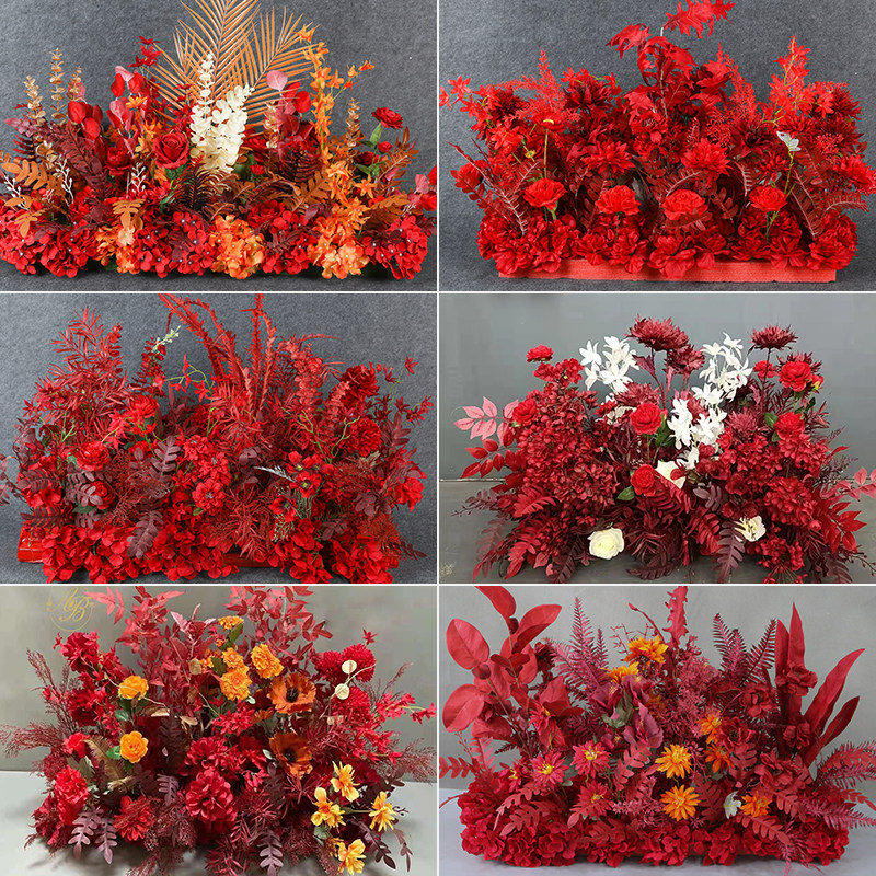 Red wedding simulation flower row flower decoration road lead fake