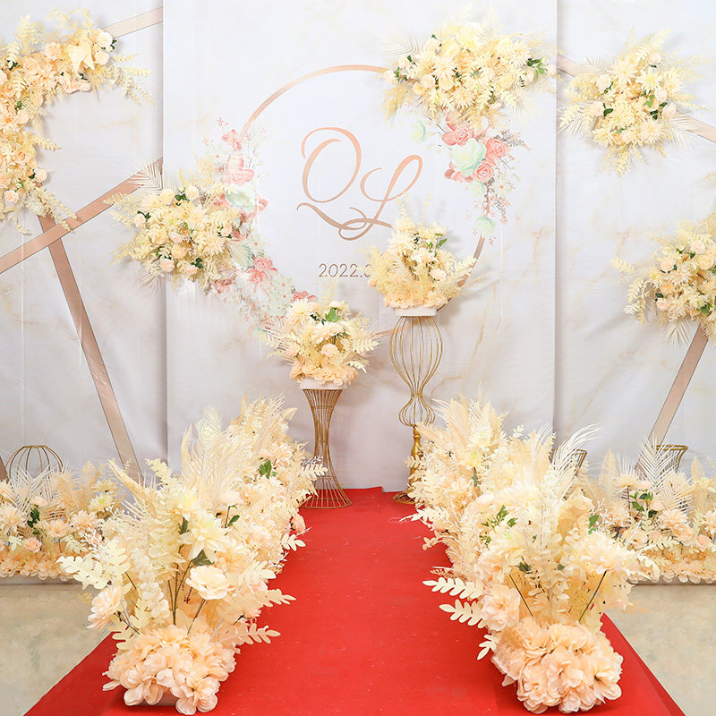 Champagne-colored wedding set road leads flower row flower row flower row wedding simulation flower welcome background flower decoration hanging flower