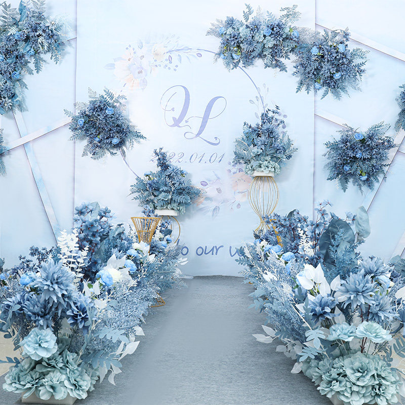 Smog blue new wedding flower row flower row flower silk fake flower decoration wedding floral welcome road lead flower set