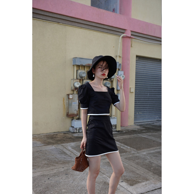 MICHELLYMO advanced black and white color matching puff sleeve square collar top skirt suit