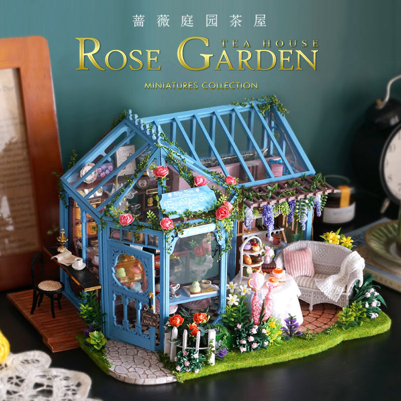 Handmade Large Garden DIY Miniature House Rose Garden Tea House Villa Assembled Wooden Model Creative Toy Gift