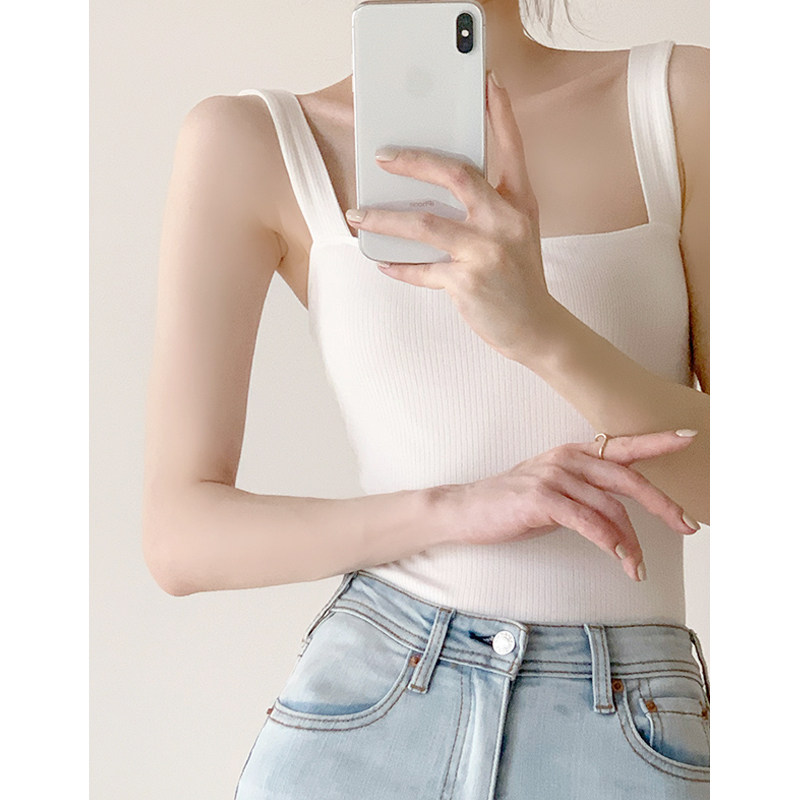 HICECI 3-color rayon French square-neck vest suspender top women's knitted inner bottoming spring, summer and autumn white