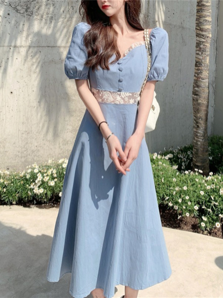 Gu Qiqi GUQIQI French Hepburn style bellflower skirt 2021 women's summer puff sleeves small slim dress