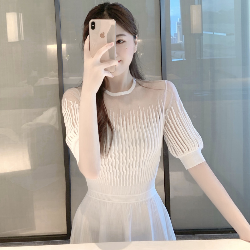 Gu Qiqi GUQIQI French light cooked lace skirt 2021 summer new super fairy goddess Fan light luxury dress