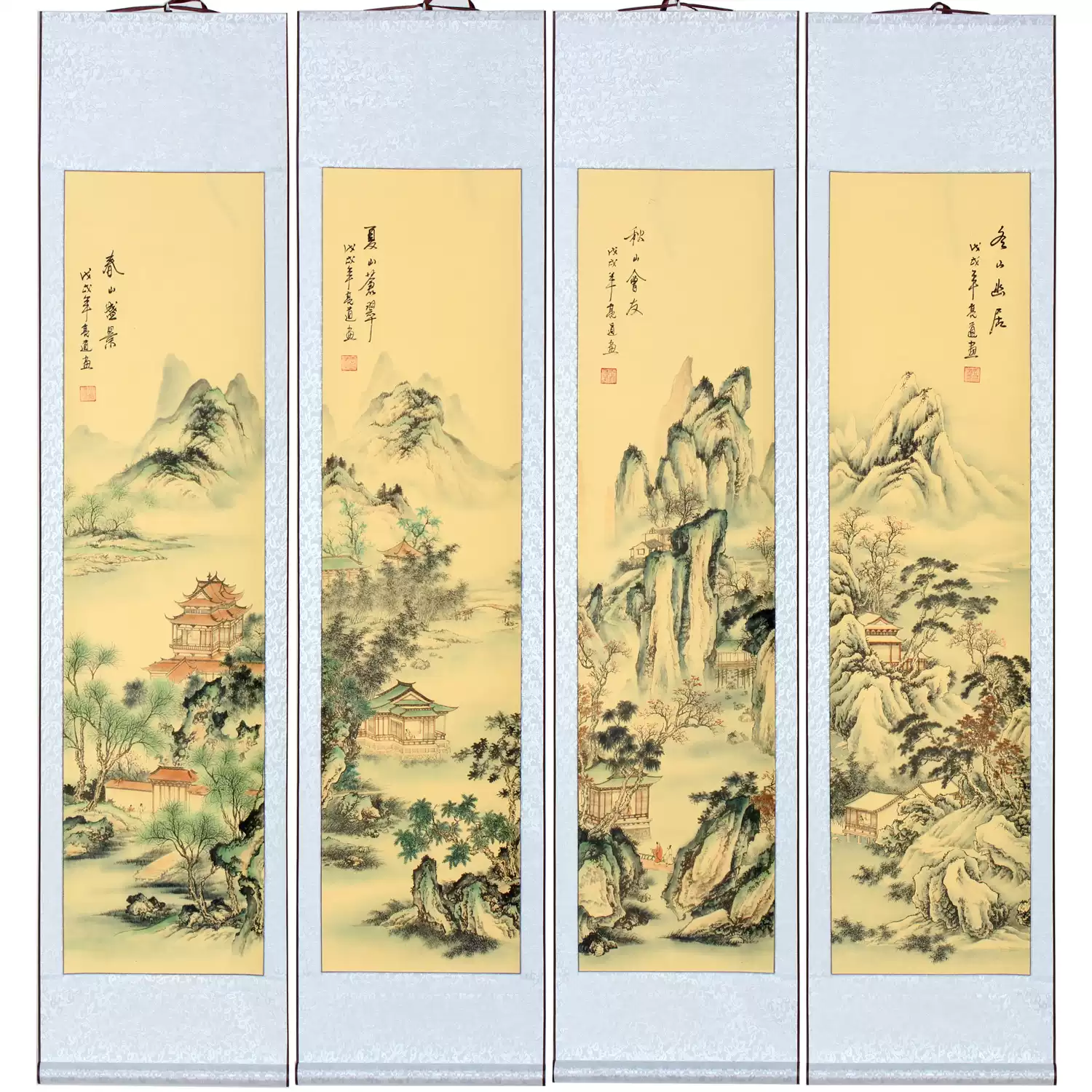 国画山水四条屏卷轴新古典仿古风格无框宣纸装裱字画-Taobao-Tmall