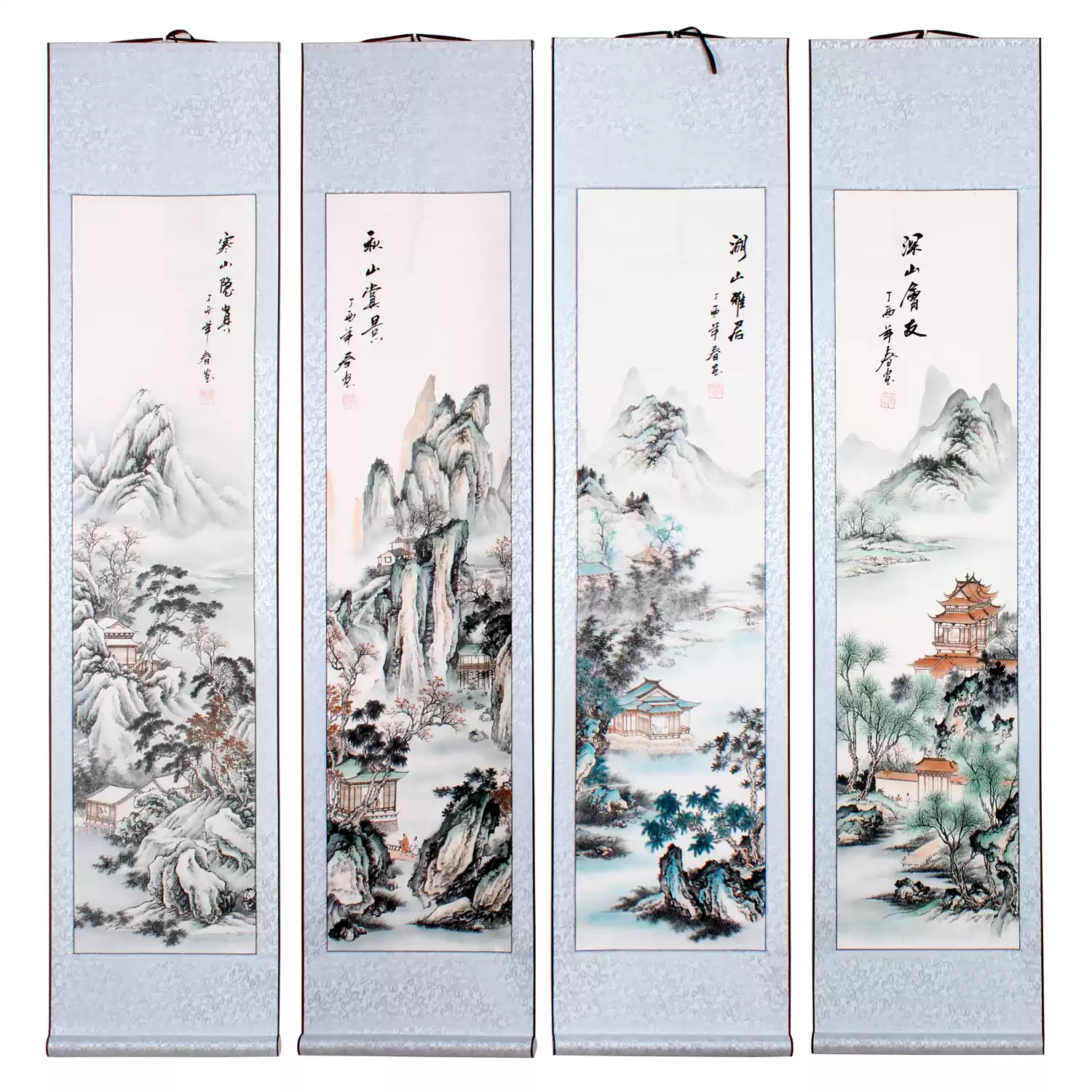 國畫四條屏春夏春冬四季仿古山水畫卷軸掛畫字畫精品裝裱-淘寶Taobao