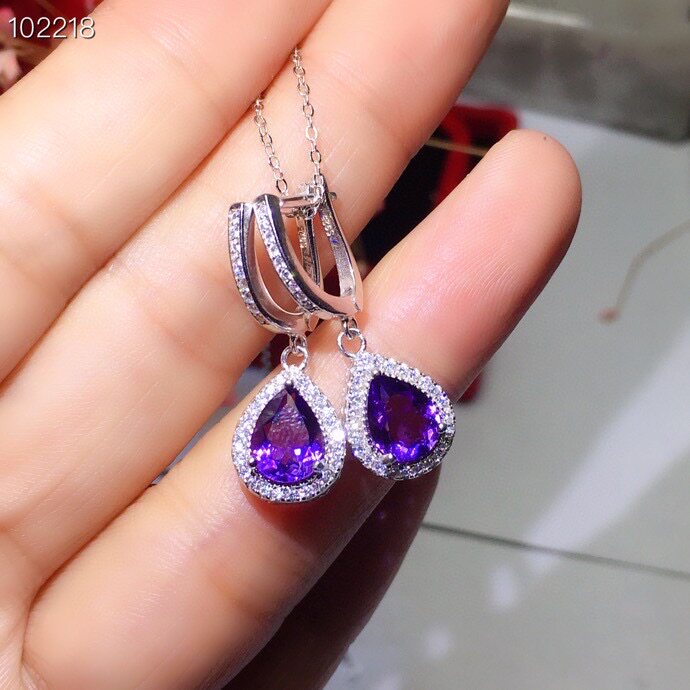 Серьги s925银镶天然紫水晶耳钉耳扣精致时尚漂亮紫色6*8mm水滴超美百搭 Xin Cheng